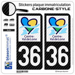 2 Stickers plaque immatriculation Auto 36 Centre-Val de Loire - LT Carbone-Style