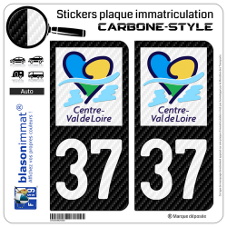 2 Autocollants plaque immatriculation Auto 37 Centre-Val de Loire - LT Carbone-Style