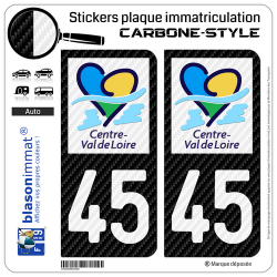 2 Stickers plaque immatriculation Auto 45 Centre-Val de Loire - LT Carbone-Style