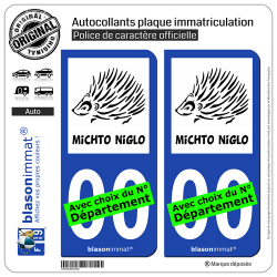 2 Autocollants plaque immatriculation Auto : Hérisson - Michto Niglo