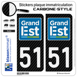 2 Stickers plaque immatriculation Auto 51 Grand Est - LT Carbone-Style