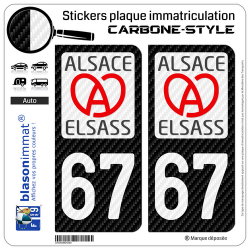 2 Stickers plaque immatriculation Auto 67 Alsace - LT Carbone-Style