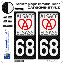 2 Stickers plaque immatriculation Auto 68 Alsace - LT II Carbone-Style