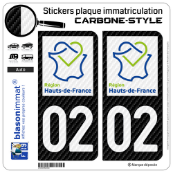 2 Stickers plaque immatriculation Auto 02 Hauts-de-France - LT Carbone-Style