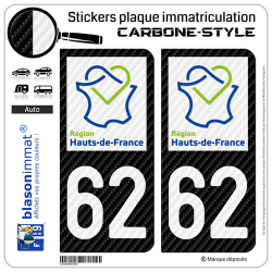 2 Stickers plaque immatriculation Auto 62 Hauts-de-France - LT Carbone-Style