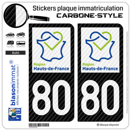 2 Stickers plaque immatriculation Auto 80 Hauts-de-France - LT Carbone-Style