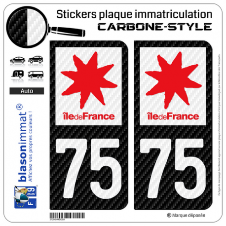 2 Stickers plaque immatriculation Auto 75 Île-de-France - LT Carbone-Style