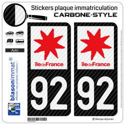 2 Stickers plaque immatriculation Auto 92 Île-de-France - LT Carbone-Style