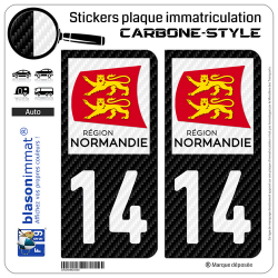 2 Stickers plaque immatriculation Auto 14 Normandie - LT Carbone-Style