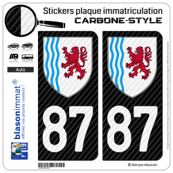2 Stickers plaque immatriculation Auto 87 Nouvelle-Aquitaine - LT Carbone-Style
