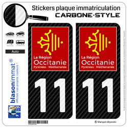 2 Stickers plaque immatriculation Auto 11 Occitanie - LT Carbone-Style