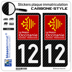 2 Stickers plaque immatriculation Auto 12 Occitanie - LT Carbone-Style