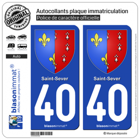 2 Autocollants plaque immatriculation 40 Saint Sever - Armoiries