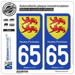 2 Autocollants plaque immatriculation Auto 65 Hautes-Pyrénées - Armoiries