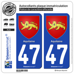 2 Autocollants plaque immatriculation Auto 47 Aquitaine - Armoiries