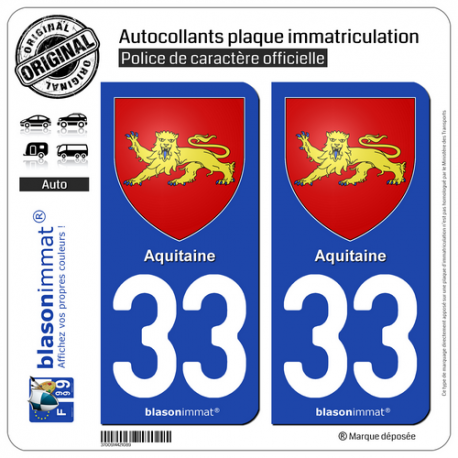 2 Autocollants plaque immatriculation Auto 33 Aquitaine - Armoiries