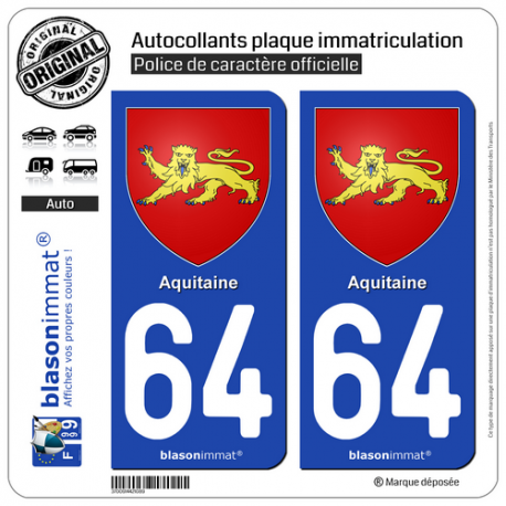 2 Autocollants plaque immatriculation Auto 64 Aquitaine - Armoiries