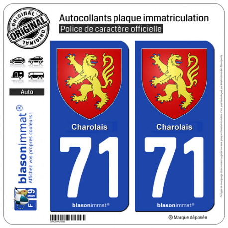 2 Autocollants plaque immatriculation Auto 71 Charolais - Armoiries