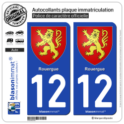 2 Autocollants plaque immatriculation Auto 12 Rouergue- Armoiries
