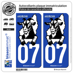 2 Autocollants plaque immatriculation Auto 07 Ardèche - Authentique