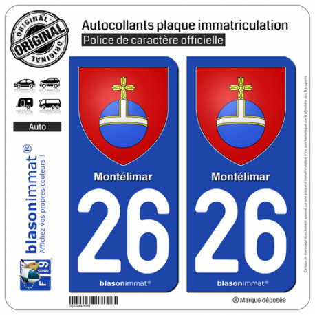 2 Autocollants plaque immatriculation Auto 26 Montélimar - Armoiries