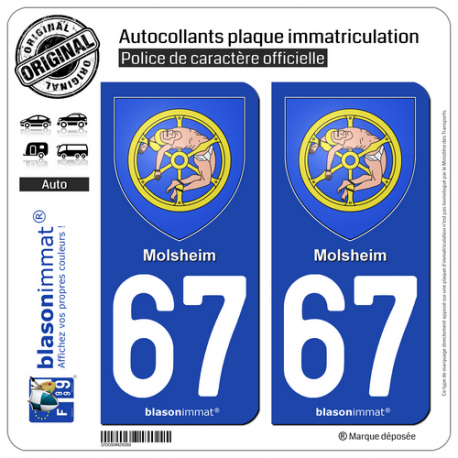 2 Autocollants plaque immatriculation Auto 67 Molsheim - Armoiries