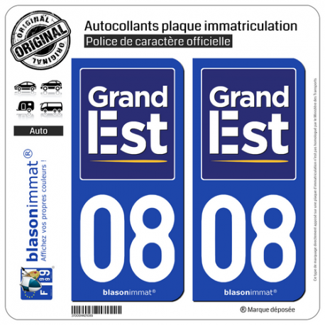 2 Autocollants plaque immatriculation Auto 08 Grand-Est - Région