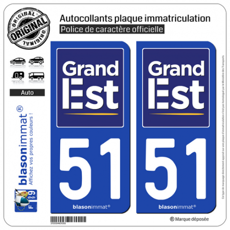 2 Autocollants plaque immatriculation Auto 51 Grand-Est - Région