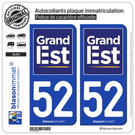 2 Autocollants plaque immatriculation Auto 52 Grand-Est - Région