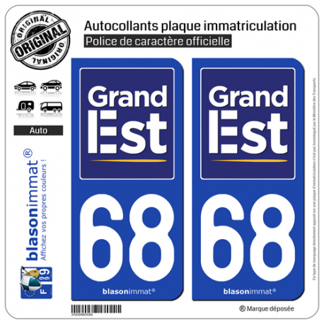 2 Autocollants plaque immatriculation Auto 68 Grand-Est - Région