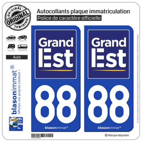 2 Autocollants plaque immatriculation Auto 88 Grand-Est - Région