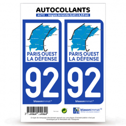 2 Autocollants plaque immatriculation Auto 92 Paris Ouest la Défense - Territoire