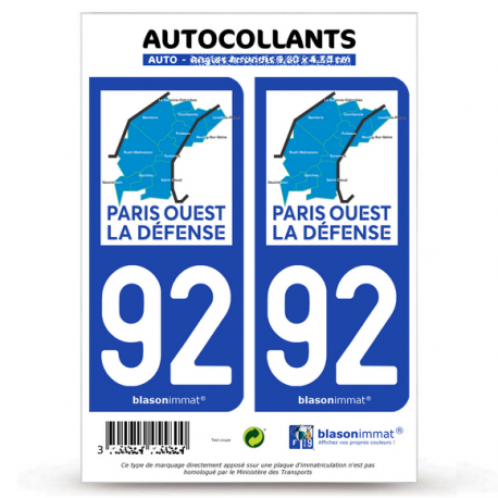 2 Autocollants plaque immatriculation Auto 92 Nanterre - Agglo