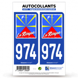 2 Autocollants plaque immatriculation Auto 974-H Réunion - Rényon Drapée