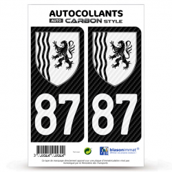2 Stickers plaque immatriculation Auto 87 Nouvelle-Aquitaine - LT bi-ton Carbone-Style