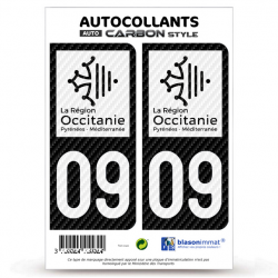 2 Stickers plaque immatriculation Auto 09 Occitanie - LT bi-ton Carbone-Style