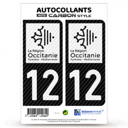 2 Stickers plaque immatriculation Auto 12 Occitanie - LT bi-ton Carbone-Style