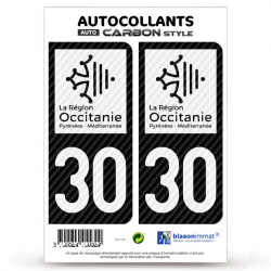 2 Stickers plaque immatriculation Auto 30 Occitanie - LT bi-ton Carbone-Style