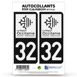 2 Stickers plaque immatriculation Auto 32 Occitanie - LT bi-ton Carbone-Style