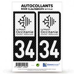 2 Stickers plaque immatriculation Auto 34 Occitanie - LT bi-ton Carbone-Style