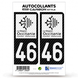 2 Stickers plaque immatriculation Auto 46 Occitanie - LT bi-ton Carbone-Style