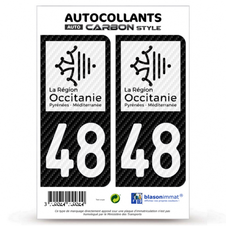 2 Stickers plaque immatriculation Auto 48 Occitanie - LT bi-ton Carbone-Style