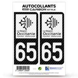 2 Stickers plaque immatriculation Auto 65 Occitanie - LT bi-ton Carbone-Style