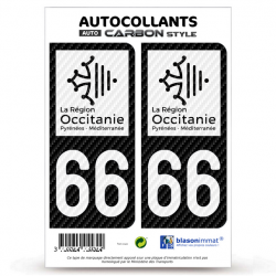 2 Stickers plaque immatriculation Auto 66 Occitanie - LT bi-ton Carbone-Style