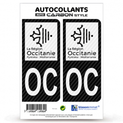 2 Stickers plaque immatriculation Auto OC Occitanie - LT bi-ton Carbone-Style