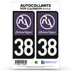 2 Stickers plaque immatriculation Auto 38 Rhône-Alpes - LT II Carbone-Style