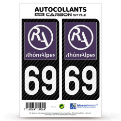 2 Stickers plaque immatriculation Auto 69 Rhône-Alpes - LT II Carbone-Style