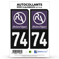 2 Stickers plaque immatriculation Auto 74 Rhône-Alpes - LT II Carbone-Style
