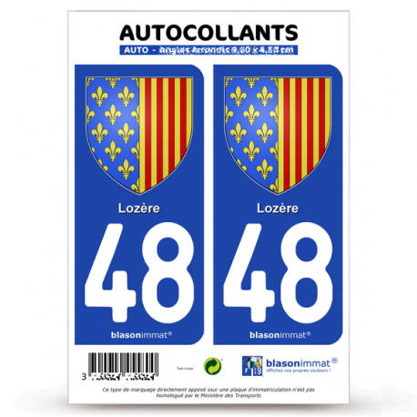 2 Autocollants plaque immatriculation Auto 48 Lozère - Armoiries