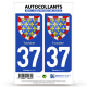 2 Autocollants plaque immatriculation Auto 37 Touraine - Armoiries